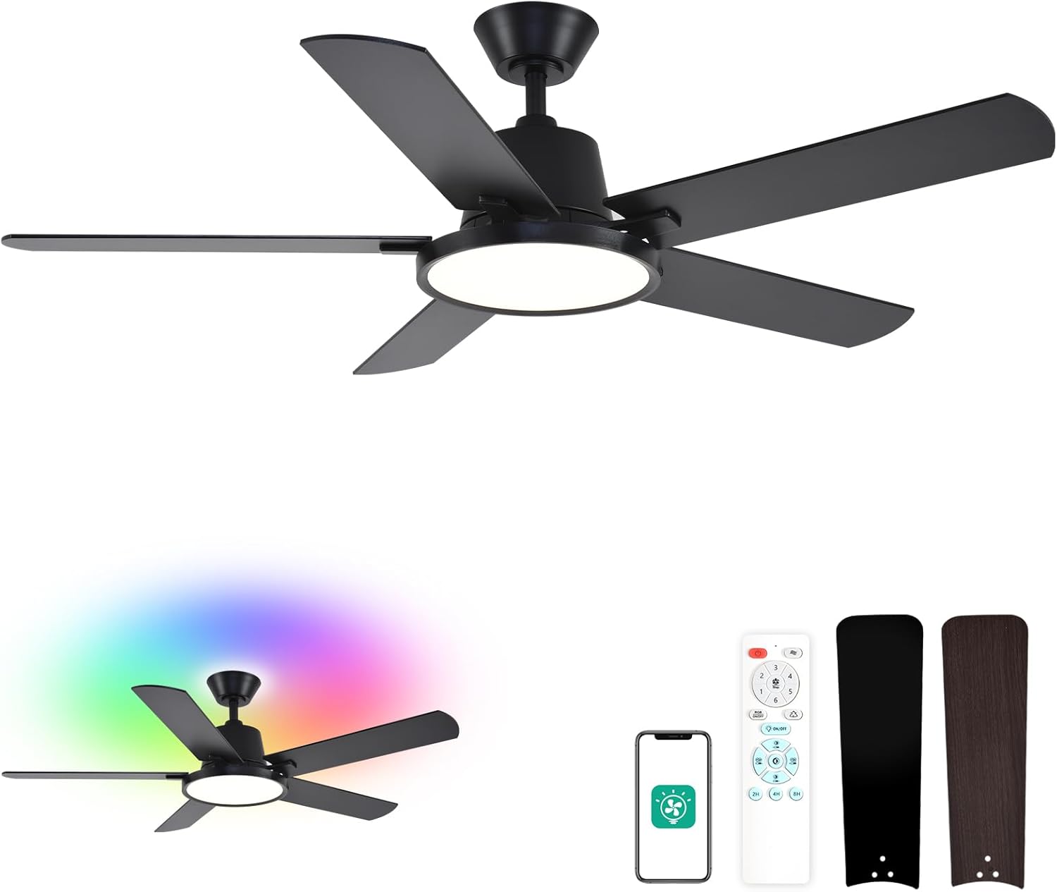 Orison Ceiling Fans with Lights, 52 inch Low Profile Ceiling Fan with RGB Backlight, Flush Mount Ceiling Fan with Remote and App Control,White Bedroom Fan, 6 Speeds, 5 Reversible Blades (Black RGB)