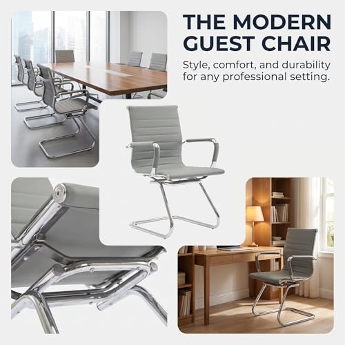 Image of HNY Leather Office Guest Chairs & Reception Chairs Set of 8, Modern Waiting Room Chairs with Arms, Desk Chair no Wheels with Sled Base for Waiting Room /Conference Room, Grey