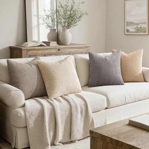 Image of MIULEE Boho Farmhouse Neutral Cream Throw Pillow Covers 20x20 Inch Set of 4 Mordern Nordic Cushion Covers Soft Corduroy Spring Home Decor for Couch Bed Sofa Living Room