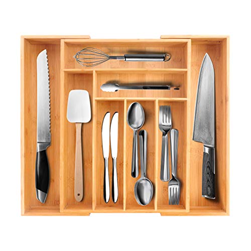 Purenjoystyle Bandeja de Cubiertos para Cajon de bambú - Organizador de cajones de cocina extensible y organizador de utensilios en el hogar, cocina, oficina (original, 8 ranuras)