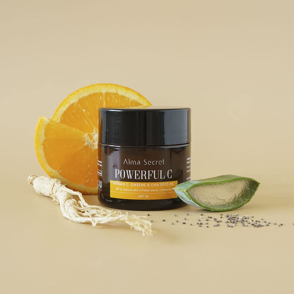 ALMA SECRET | POWERFUL C Crema hidratante, Iluminadora y Antiedad con Vitamina C, Ginseng & Chía | Protección Solar SPF30 | Pieles secas - 50 ml