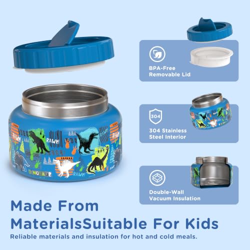 Image of MAISON HUIS 15oz Soup Thermo Wide Mouth Vacuum Insulated Stainless Steel Food Jar, Leak Proof for Hot&Cold Food Kids Lunch Container for School Travel (Blue-Dinosaur)