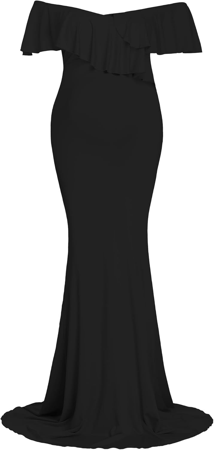 YnimioAOX Maternity Long Dress Ruffles Elegant Maxi Photography Dress Stretchy Slim Gowns for Photoshoot - Image 5