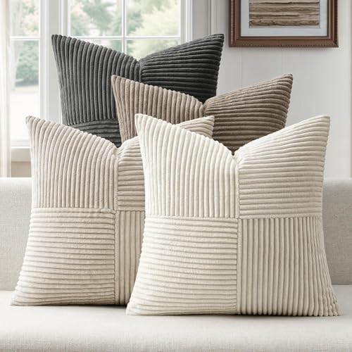 ANRODUO Pack of 4 Decorative Throw Pillows for Couch Neutral Gray 16x16 Inch Boho Cozy Soft Corduroy Cushion Covers Farmhouse Accent Pillowcases for Mid Century Spring Home Decor Sofa Bed Living Room
