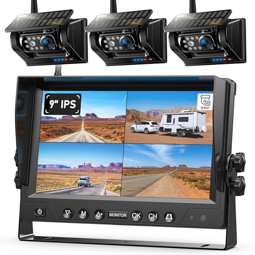 Image of 3 Magnetic Solar Wireless Backup Camera System, Quad RV Rearview Backup Cameras Wireless System with HD1080P 9 Inch DVR Monitor for Trailer RV Trucks, Built-in 9600mAh Solar Battery, BL903