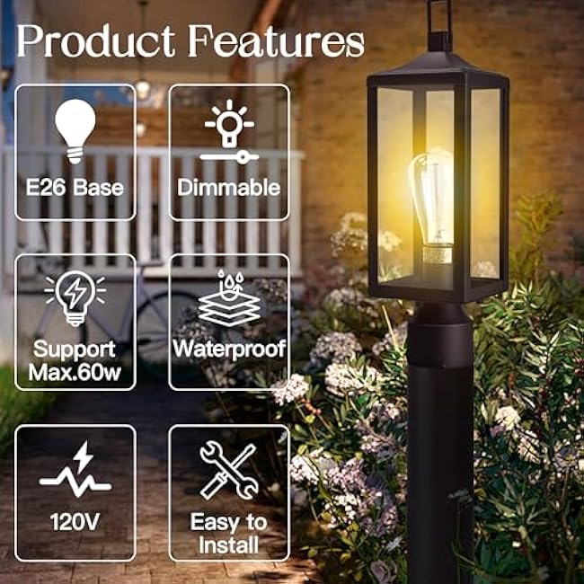 Outdoor Lamp Post Light Fixture, 17 Inch Post Lantern Light for Exterior Gate Post, Steel and Glass Post Sconce for Residential Sidewalk Lamp Post Outdoor Lighting Post Lamps, E26 Bulb Base
