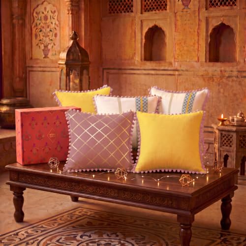 Image of Urban Space Festive Gift Set - Set of 5 Decorative Cushion Covers with Pom Pom, 16 x 16 Inch, Living Room & Sofa Cushion Covers, Home Decor Gift Set for Diwali, Housewarming & Festive Gifting (CC3)