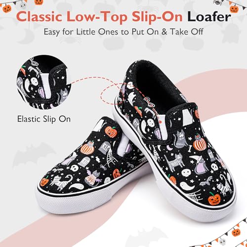 waddle wonder Toddler Halloween Slip-On Loafers for Boys&Girls, Black Canvas with Ghosts & Pumpkins Shoes School Walking Tennis Sneaker Sizes 6-103