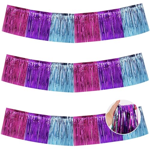 Image of BEISHIDA 3 Packs Metallic Foil Fringe Garland Blue Purple Pink Wall Hanging Tinsel Fringe Banners for Car Floats Bridal Shower Wedding Birthday Easter Graduation Holiday Party Decoration(30 Feet)