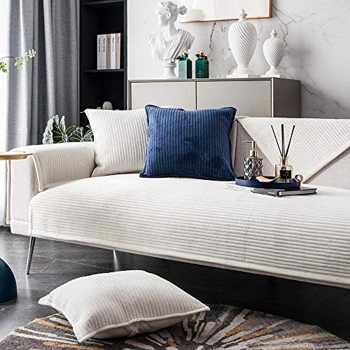 Suuki Couch-abdeckungen,Sofa Überwurf,couchdecken,Superweiche Samt-Sofabezug,gestreifte Plüsch-Sofabezug,Moderne Sofa-Schutzhülle für Ledercouch,Eck-Sofabezüge-Weiß_70 * 180 cm Cover