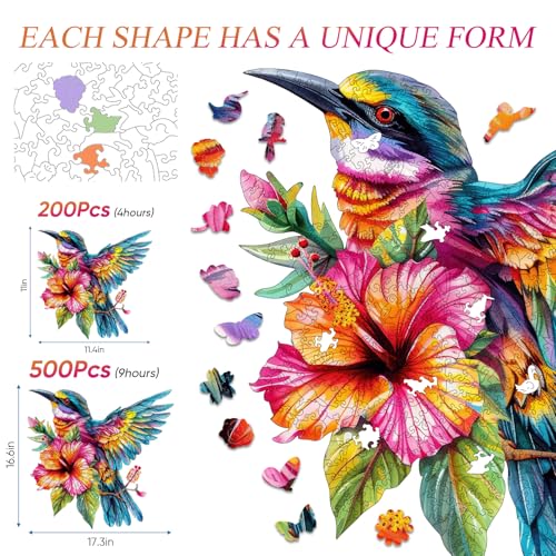 Jiroinlly Rompecabezas de Madera para Adultos 500 Piezas, Colibríes 17.3x16.6 pulgadas | Rompecabezas de Madera para Adultos, Mamá, Abuela, Certificado FSC, Piezas con Forma Única de Animal, Rompecabezas Colorido de Pájaros 17.3x16.6 pulgadas miniatura 3