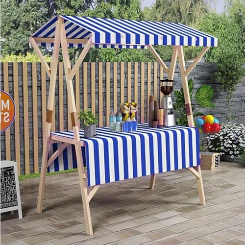 Kiosque de vente en extérieur avec auvent bleu pour marché artisanal en bois
