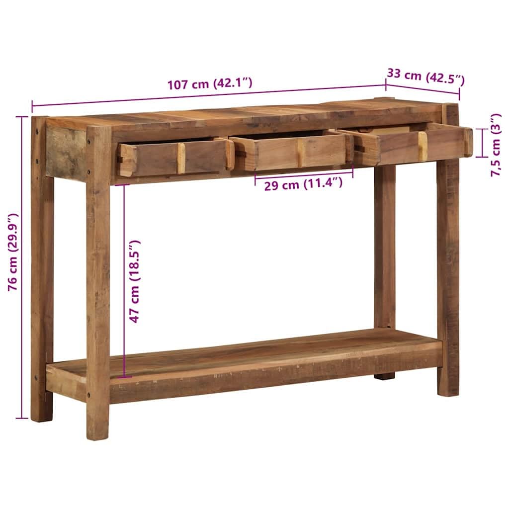 Table console marron 107 x 33 x 76 cm en bois massif recyclé avec 3 tiroirs, table de couloir étroite pour couloir, idée d'entrée