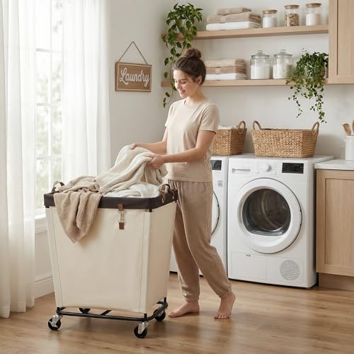 Image of StorageWorks Laundry Basket with Wheels for Clothes, 210L Beige Hamper Cart