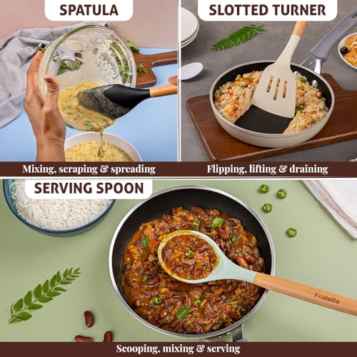 Image of Fruitalite Silicone Spatula Set- 3 Pcs | Non-Stick Kitchen Utensils with Wooden Handle- BPA Free, Heat Resistant Set, Non Toxic Premium Cookware Tools for Cooking, Baking & Mixing- Beige