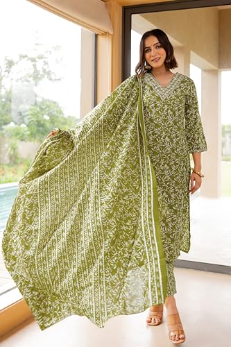 Image of MIRCHI FASHION Women's Straight Fit Pure Cotton Printed Kurta Set with Dupatta and Trouser