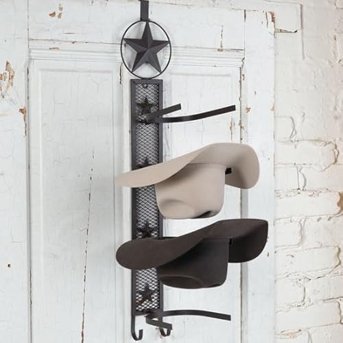 Cowboy Four Hat Rack Metal with Star Fold Up Wall Mount Over Door