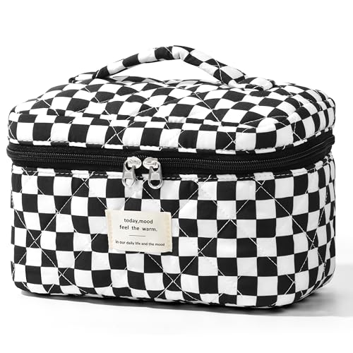 TESAFNG Quilted Makeup Bag - Cute Checkered Cotton Makeup Bag Large Coquette Aesthetic Make up Cosmetic Bag Travel Toiletry Organizer Bags for Women Girls (Black and White)
