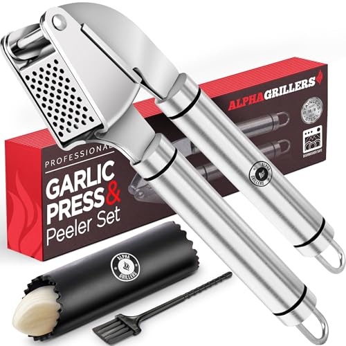 Alpha Grillers Garlic Press Stainless Steel - Easy to Clean, Rust-Proof, Dishwasher Safe - Stainless Steel Garlic Press, Mincer, Crusher with Silicone Peeler & Cleaning Brush