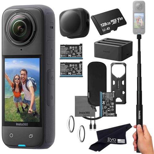 Insta360 X4 Battery Bundle- Waterproof 8K 360 Action Camera Bundle Includes Extra 2 Batteries, Charger, Invisible Selfie Stick, Lens Cap (128GB), Black