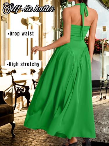 Image of ChiaoLezhee Deep V Neck Dress, Halter Maxi Dresses, Vacation Date Night, Sexy for Women Corset Flowy Wedding Guest Drop Waist