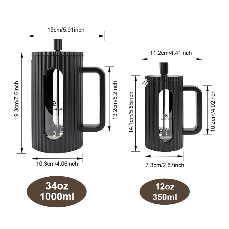 EcoNymphal French Press 350ml (3 Tassen) - Kaffeepresse aus heißfestem Glas mit Edelstahlfilter - Für Kaffee & Cold Brew - Spülmaschinengeeignet, BPA-Frei 3