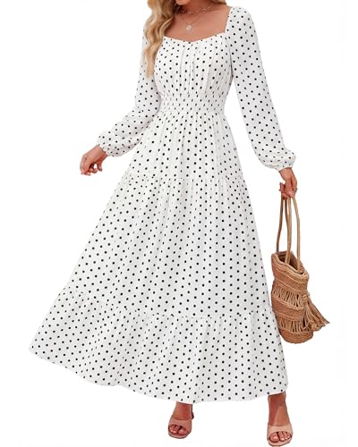 BTFBM Long Sleeve Dress for Women 2026 Spring Fall Boho Floral Square Neck Casual Flowy Long Wedding Guest Maxi Dresses(Polka Dot White Black, Medium)