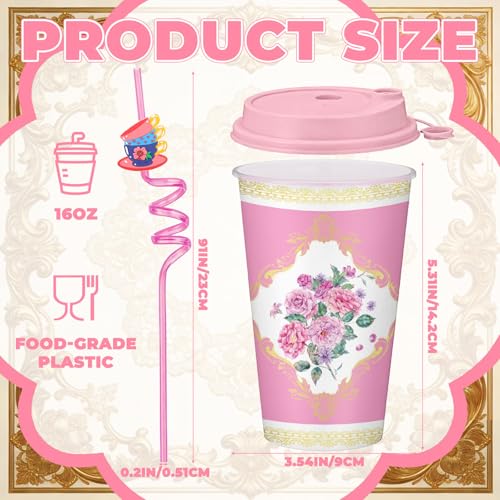 24 Set Flower Cups for Tea Party Tumbler 16 oz Vintage Floral Cup with Straw Lid Tea Party Disposable Plastic Cup Flower Coffee Tumbler Bulk Spring Mug Wedding Mother Hot Cold Drink Birthday Supply by LemonRoad - Used condition - Image 2