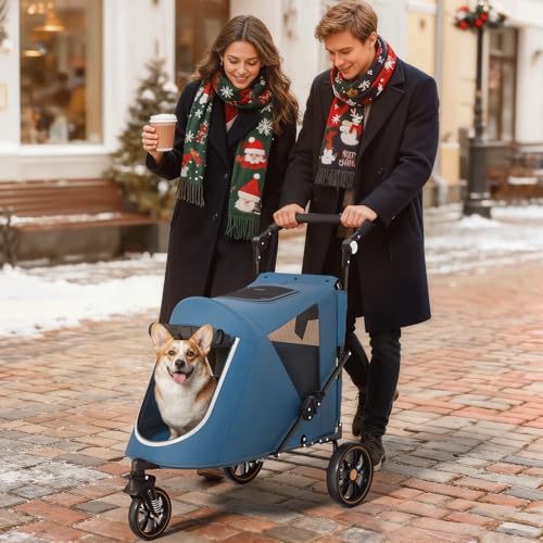 Image of Magshion Pet Stroller for Medium Large Dog, 3-Wheel Foldable Jogger, Navy | All-Terrain with Adjustable Handle, Dual Entry, Rear Storage, Breathable Mesh, One-Foot Brake, Up to 55 lbs