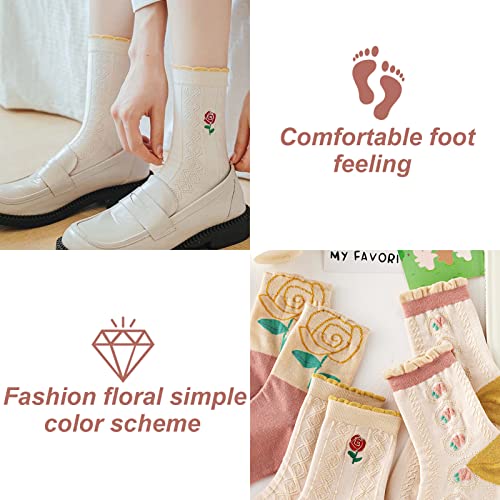 Image of 5 Pack Cute Womens Floral Socks, Vintage Embroidered Frilly Floral Ankle Cotton Cottagecore Socks