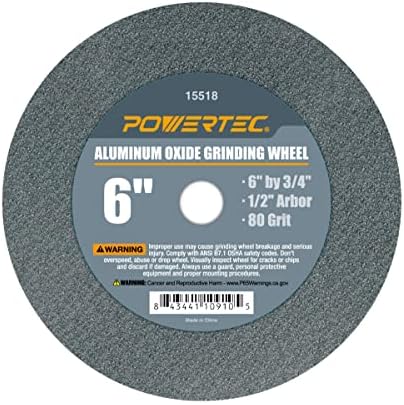 POWERTEC 15518 Aluminum Oxide Grinding Wheel, 6" x 3/4", 1/2" Arbor, 80 Grit