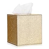 Sumnacon Square Leather Tissue Box Cover - Stylish Cube Tissue Box Holder with Magnetic Bottom, Decorative PU Tissue Box for Vanity Dresser Night Stand Table Countertop Home Office Car, Gold