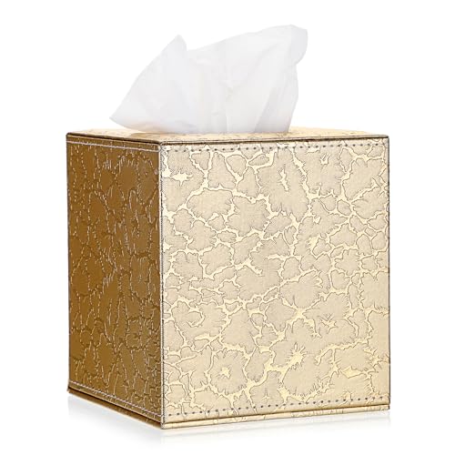Sumnacon Square Leather Tissue Box Cover - Stylish Cube Tissue Box Holder with Magnetic Bottom Decorative PU Tissue Box for Vanity Dresser Night Stand Table Countertop Home Office Car Gold
