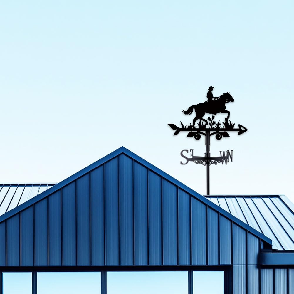 Horse Riding Weathervane Metal Wind Vane Horse Garden Decoration Direction Indicator Stake Mount Ornament for Farmhouse Yard Roof Outdoor