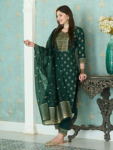 Image of GoSriKi Women's Cotton Blend Printed Straight Kurta with Pant & Dupatta