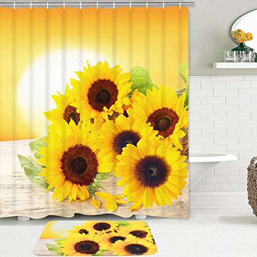 Sunflowers Shower Curtain Set with Non-Slip Bathroom Mat, Sunflower in The Sunset Shower