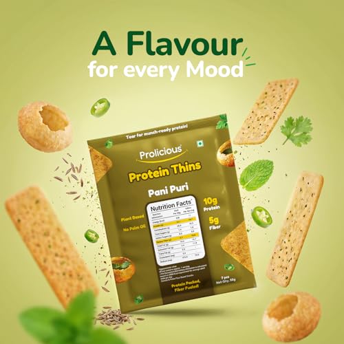 Image of Prolicious Healthy Protein Thin Chips |10g Protein & 5g Fibre Per Pack Per Pack Per Pack | Vegan Snacks |No Maida |No Palm Oil| 50g - Pack of 7| Pani Puri