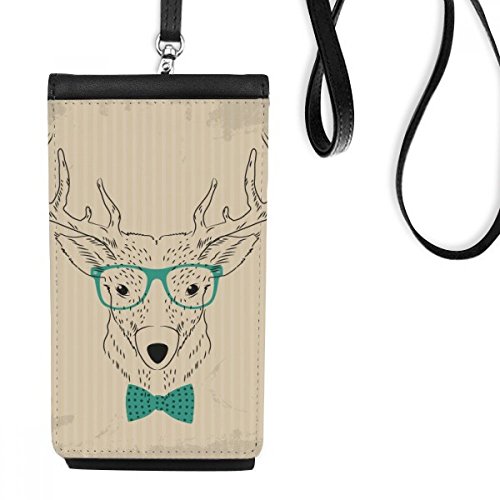 Smartphone bourse en cuir faux avec motif de cerf et lunettes pochette suspendue noire