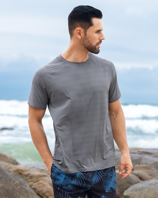Men's UPF 50+ Rash Guard Swim Shirt - Quick Dry Short Sleeve Sun Protection Shirt for Swimming, Fishing & Beach