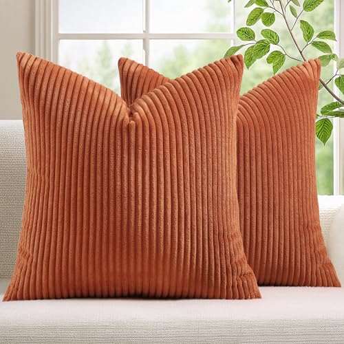 Mecatny Corduroy Decorative Fall Throw Pillow Covers 16x16 Set of 2 for Sofa Living Room, Soft Burnt Orange Neutral Boho Couch Pillow Covers for Home Decor, Rust