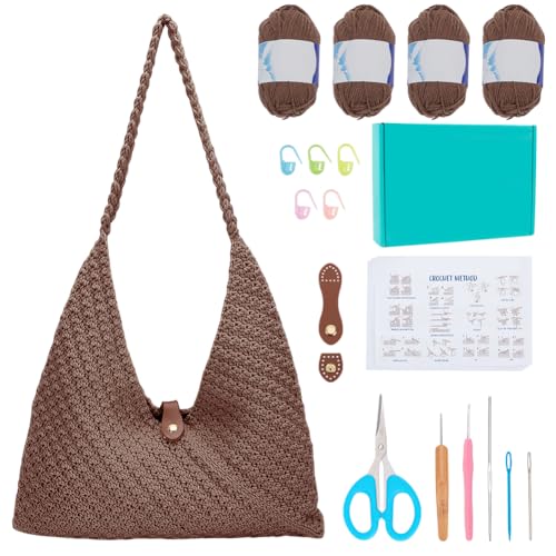 Image of ACRNIGHEET Beach Bag Crochet Kit for Beginners Brown Crochet Bag Making Kit for Women Knitting Supplies Kits DIY Craft Kits for Adults with Video Guide Tutorial Boho Style Gift Ideas