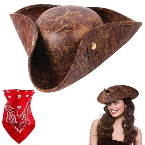 Aomig Chapéu de pirata para adulto, chapéu de tricórnio com lenço pirata, gorro de pirata de couro, disfarce pirata homem, chapéu de capitão pirata para o Halloween Cosplay Masquerade