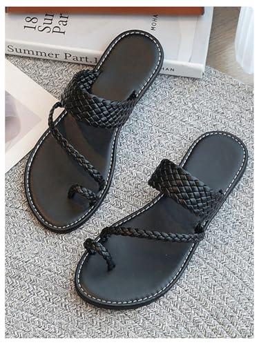 OYOANGLE Girl's Braided Toe Ring Sandals Open Toe Strappy Beach Vacation Slip on Flat Sandal2