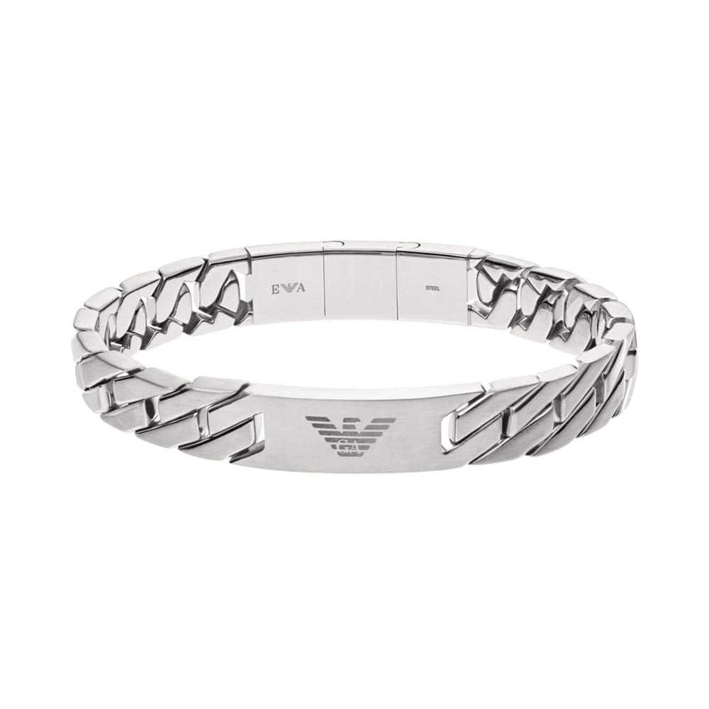 Emporio Armani Bracciale da uomo in acciaio inossidabile con chiusura a moschettone, a cursore o a magnete, Grigio argento