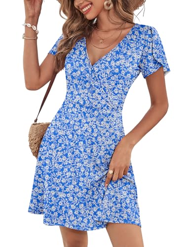 Image of ANRABESS Womens Summer Dresses Short Sleeve Wrap Deep V Neck A-Line Floral Dress Causal Flowy Boho Beach Vacation Sundress