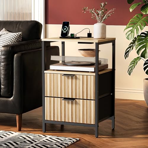 Image of VINGLI Nightstands Set of 2 with Fabric Drawers, Fluted Nightstand with Charging Station, Oak Night Stand Set 2, Bed Side Tables with Drawers Fabric, End Tales Bedroom with Charger Station