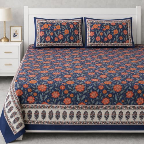 Image of ElanorHomes Cotton Double King Size Bedsheet | Hand Printed | Ultra-Soft & Skin-Safe | Breathable Summer Comfort | 90x108 inches with 2 Pillow Covers (Nargis Bloom)
