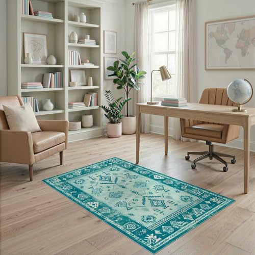 ODIKA 4'x6' Teal Blue Mint Green Boho Motif Ultra-Soft Area Rug