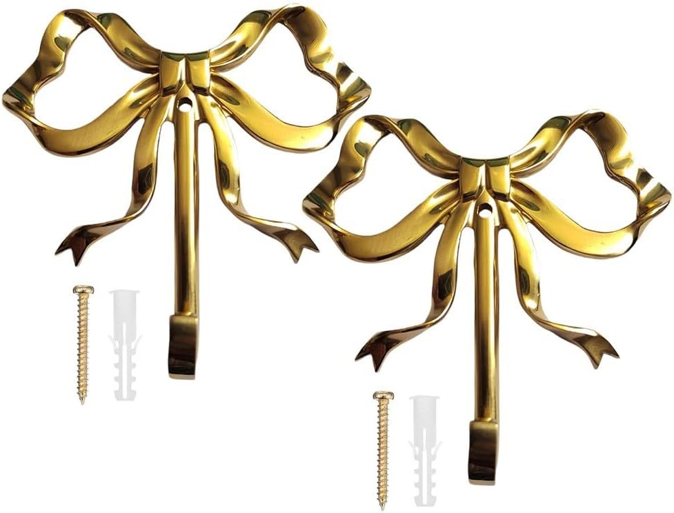 Brass Bowknot Wall Hooks Towels, Robes & Decor – Gold Decorative Coat Hooks Bathroom, Kitchen, Living & Bedroom – Space-Saving Heavy-Duty Hangers (1 or 2 Pack)(L 2PCS)