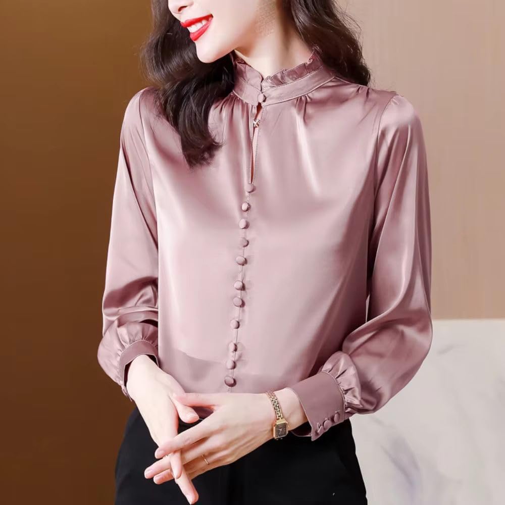 Women's Blouse Elegant Long Sleeves Solid Color Top Office Lady Korean Style Satin Shirt Vintage Clothing